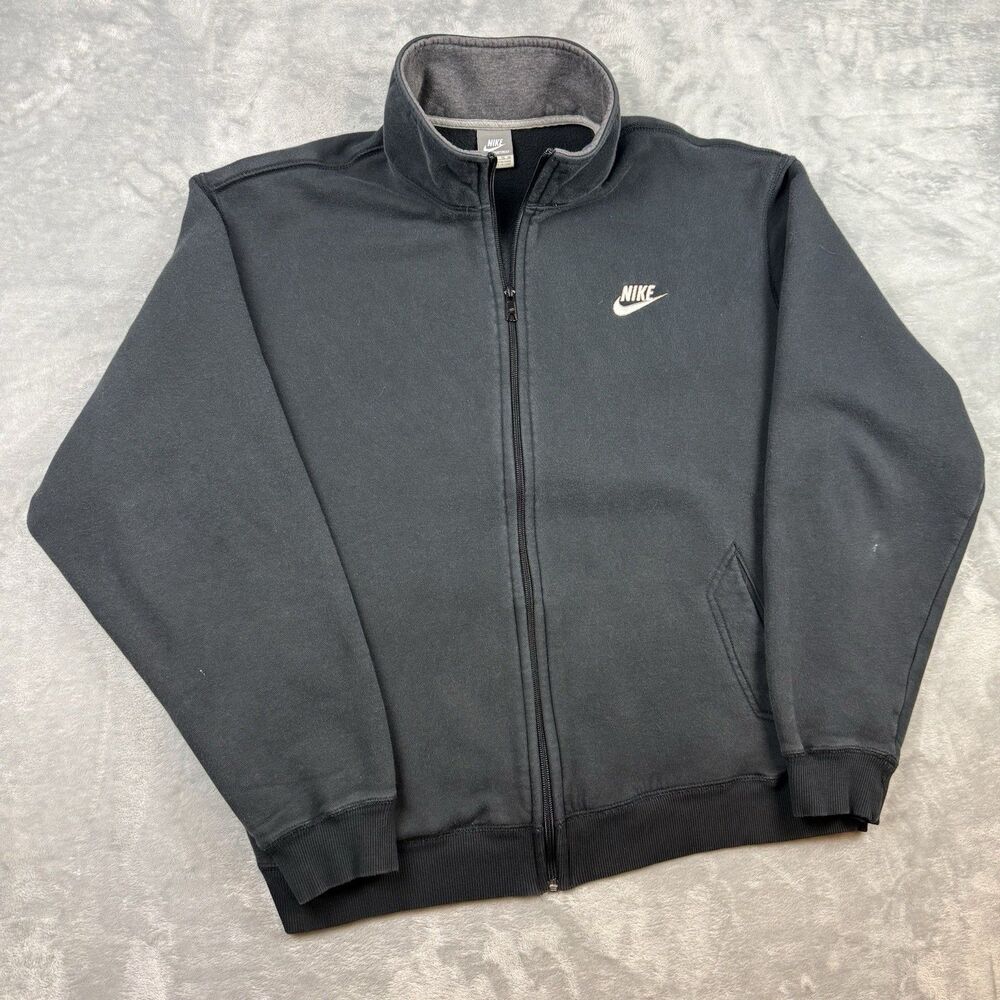 Vintage Nike Full Zip Sweatshirt Jacket Black Gray Embroidered Swoosh XL Y2K